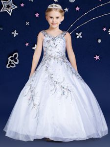 Scoop Floor Length Ball Gowns Sleeveless White Little Girls Pageant Gowns Zipper