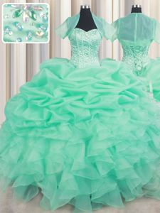 Suitable Apple Green Lace Up Sweetheart Beading and Ruffles and Pick Ups Ball Gown Prom Dress Organza Sleeveless