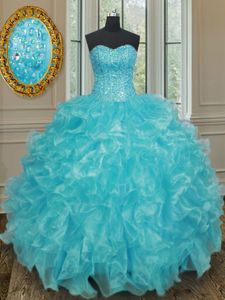 Floor Length Aqua Blue Quince Ball Gowns Organza Sleeveless Beading and Ruffles