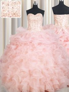 Perfect Baby Pink Quinceanera Gown Military Ball and Sweet 16 and Quinceanera and For with Beading and Ruffles Sweetheart Sleeveless Lace Up