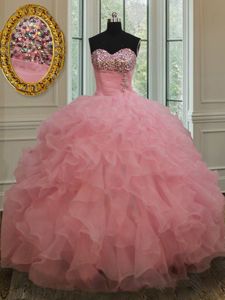 Sequins Ball Gowns 15 Quinceanera Dress Baby Pink Sweetheart Organza Sleeveless Lace Up