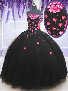 Fine Black Sleeveless Tulle Lace Up Quinceanera Court Dresses for Military Ball and Sweet 16 and Quinceanera