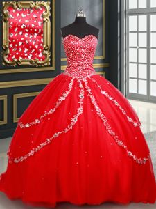 Dynamic Sweetheart Sleeveless 15th Birthday Dress Beading and Appliques Red Tulle