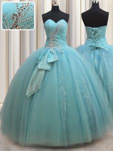 Tulle Sleeveless Floor Length Quinceanera Gown and Beading and Bowknot