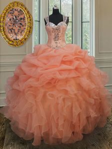 Nice Pick Ups Ball Gowns Damas Dress Orange Straps Organza Sleeveless Floor Length Zipper