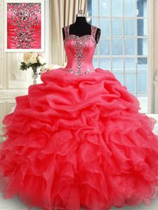 Pick Ups Ball Gowns Quinceanera Dresses Coral Red Straps Organza Sleeveless Floor Length Zipper