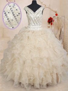 Champagne Zipper Quinceanera Dresses Beading and Ruffles and Sequins Cap Sleeves Floor Length