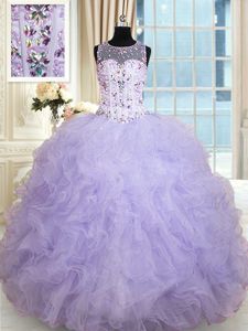 Classical Scoop Lavender Sleeveless Tulle Lace Up Quinceanera Dress for Military Ball and Sweet 16 and Quinceanera