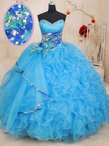 Flirting Aqua Blue Ball Gowns Beading and Ruffles 15th Birthday Dress Lace Up Organza Sleeveless Floor Length