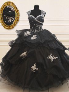 Graceful Black Cap Sleeves Beading and Appliques and Ruffles Floor Length Quinceanera Gown