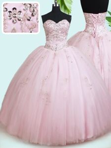 Modern Baby Pink Lace Up Sweetheart Beading Quinceanera Gowns Tulle Sleeveless