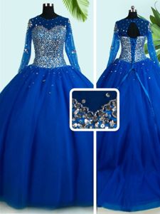 Delicate Scoop Long Sleeves Brush Train Beading Lace Up Quinceanera Gown