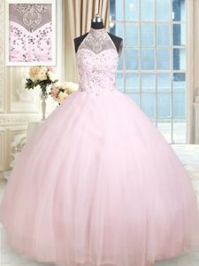 Flirting Halter Top Sleeveless Tulle Floor Length Lace Up Quinceanera Gowns in Baby Pink for with Beading