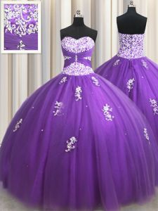 Floor Length Zipper Quinceanera Dress Eggplant Purple and In for Military Ball and Sweet 16 and Quinceanera with Beading and Appliques