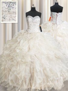 Champagne Sweetheart Neckline Beading and Lace and Ruffles 15th Birthday Dress Sleeveless Lace Up