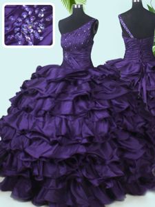 Cute Taffeta One Shoulder Sleeveless Lace Up Beading and Pick Ups Sweet 16 Dresses in Purple