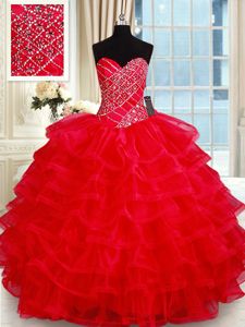 Deluxe Sleeveless Tulle Floor Length Lace Up Sweet 16 Quinceanera Dress in Red for with Beading and Ruffled Layers