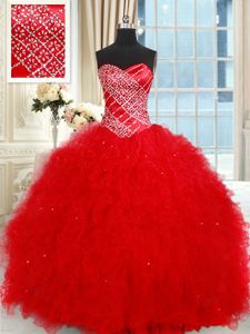 Ruffled Floor Length Red Quinceanera Dress Sweetheart Sleeveless Lace Up