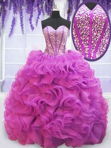 Glorious Organza Sweetheart Sleeveless Brush Train Lace Up Beading and Ruffles Ball Gown Prom Dress in Purple