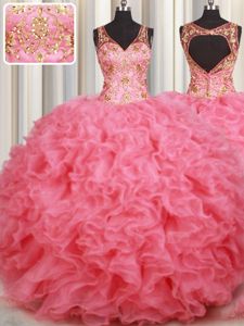 Sleeveless Backless Floor Length Beading and Ruffles Vestidos de Quinceanera