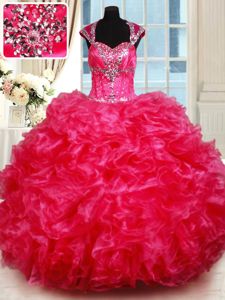 Flirting Backless Sweetheart Cap Sleeves Quinceanera Gown Floor Length Beading and Ruffles Hot Pink Organza