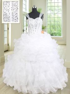 Beautiful Straps Sleeveless Sweet 16 Dress Floor Length Beading and Ruffles Coral Red Organza