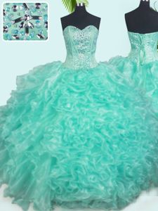 Amazing Floor Length Lace Up Quinceanera Gowns Turquoise and In for Military Ball and Sweet 16 and Quinceanera with Beading and Ruffles