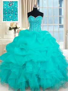 Designer Turquoise Ball Gowns Sweetheart Sleeveless Organza Floor Length Lace Up Beading and Ruffles and Pick Ups Vestidos de Quinceanera