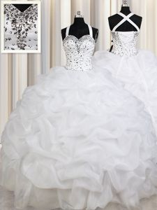 Nice Straps Straps White Lace Up Quinceanera Gowns Beading and Ruffles and Pick Ups Sleeveless Floor Length