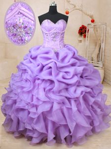 Gorgeous Floor Length Lavender Quince Ball Gowns Organza Sleeveless Beading and Ruffles and Pick Ups