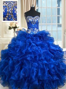 Royal Blue Sleeveless Beading and Ruffles and Ruffled Layers Floor Length Ball Gown Prom Dress