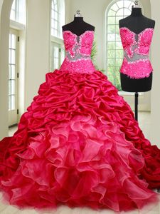 Perfect See Through Sleeveless Chapel Train Beading and Ruffles and Pick Ups Lace Up Quinceanera Dresses