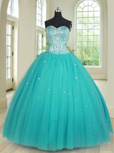 Clearance Aqua Blue Sleeveless Tulle Lace Up Quinceanera Dress for Military Ball and Sweet 16 and Quinceanera