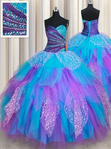 Sweetheart Sleeveless Tulle 15th Birthday Dress Beading and Ruffles Lace Up