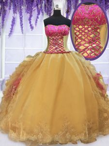 Gold 15 Quinceanera Dress Military Ball and Sweet 16 and Quinceanera and For with Beading and Lace and Ruffles Strapless Sleeveless Lace Up