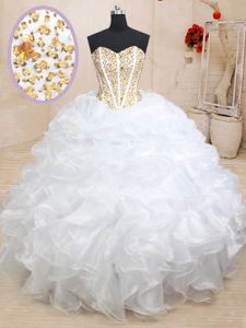 White Sleeveless Floor Length Beading and Ruffles Lace Up Quinceanera Gowns