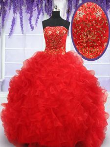 Floor Length Ball Gowns Sleeveless Red Sweet 16 Dress Lace Up