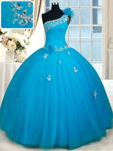 One Shoulder Sleeveless Beading and Appliques and Hand Made Flower Zipper Vestidos de Damas