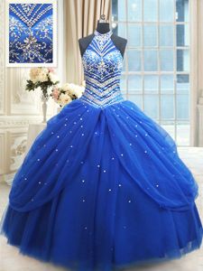 Royal Blue Ball Gowns Halter Top Sleeveless Tulle Floor Length Lace Up Beading and Pick Ups Quince Ball Gowns