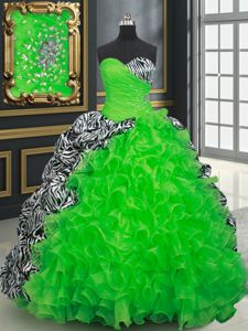 Customized Printed Sleeveless Brush Train Beading and Ruffles and Pick Ups Quinceanera Gowns