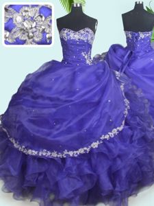 Floor Length Purple Quinceanera Dresses Organza Sleeveless Beading and Appliques