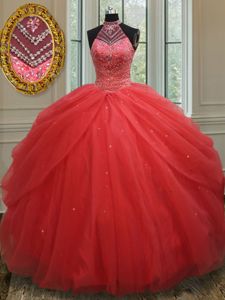 Great Halter Top Red Sleeveless Floor Length Beading and Pick Ups Lace Up Quinceanera Gowns