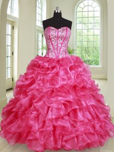 Best Selling Floor Length Lace Up 15 Quinceanera Dress Hot Pink and In for Military Ball and Sweet 16 and Quinceanera with Beading and Ruffles