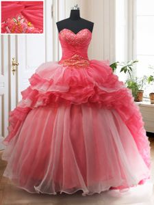 Smart Hot Pink Vestidos de Quinceanera Military Ball and Sweet 16 and Quinceanera and For with Beading and Pick Ups Strapless Sleeveless Brush Train Lace Up