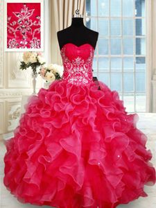 Amazing Floor Length Lace Up Vestidos de Quinceanera Red and In for Military Ball and Sweet 16 and Quinceanera with Beading and Ruffles