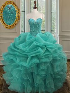 Pick Ups Turquoise Sleeveless Organza Lace Up Vestidos de Quinceanera for Military Ball and Sweet 16 and Quinceanera