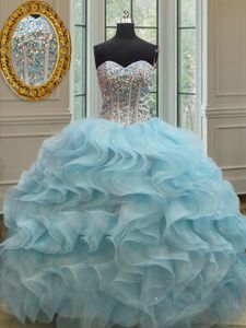 Cute Sleeveless Organza Floor Length Lace Up Quince Ball Gowns in Light Blue for with Beading and Ruffles and Sequins