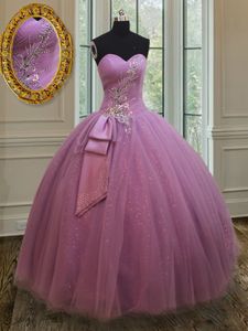 Best Lilac Sweetheart Neckline Beading and Belt Ball Gown Prom Dress Sleeveless Lace Up