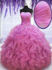 Sleeveless Organza Floor Length Lace Up 15 Quinceanera Dress in Lilac for with Beading and Ruffles