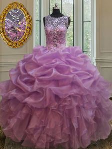 See Through Lilac Lace Up Scoop Beading and Ruffles Sweet 16 Quinceanera Dress Organza Sleeveless